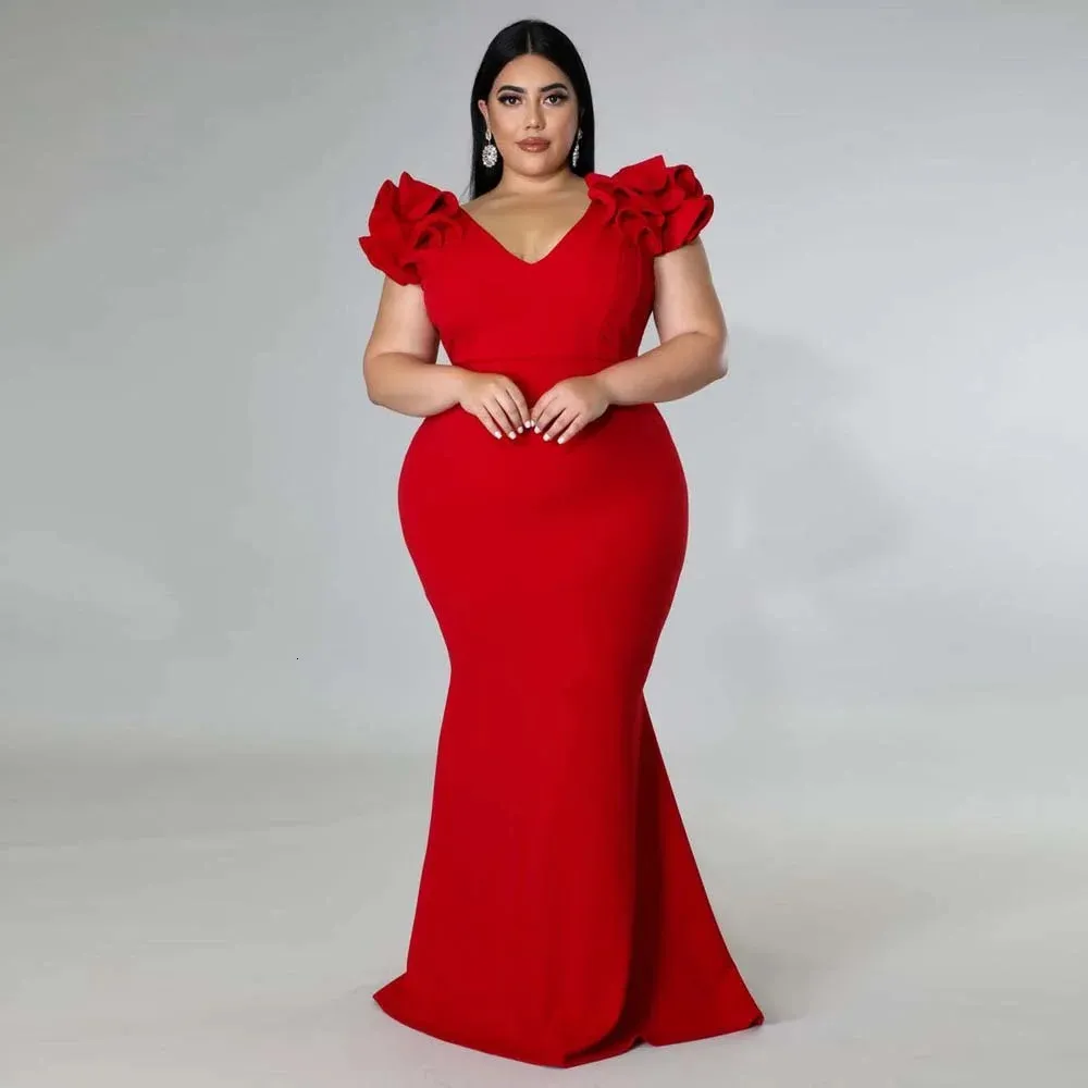 Plus -storlek på kvällsklänningen Elegant Lady Ruffle Red Black Sexig backless Large Party Formal Maxi Long Dresses Summer 2023 240116