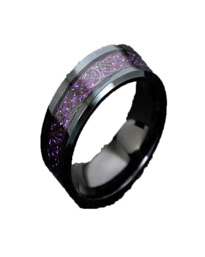 男性のための新しい紫色のドラゴンリング結婚式ステンレス鋼カーボンファイバーブラックドラゴンインレイコンフォートフィットバンドリングファッションジュエリーQ07089392065