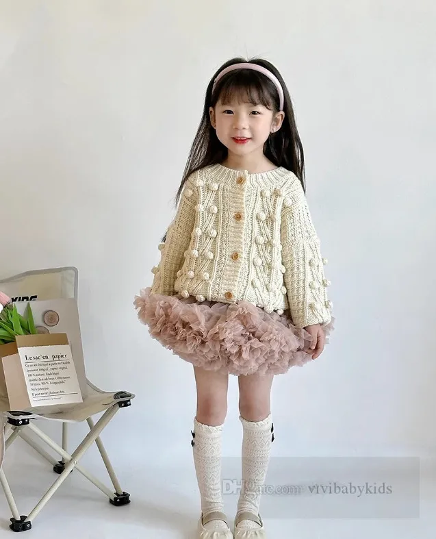 Girls pompons applique knitted cardigan kids long sleeve sweater outwear 2024 spring children elastic waist lace tulle tutu skirt Z6774