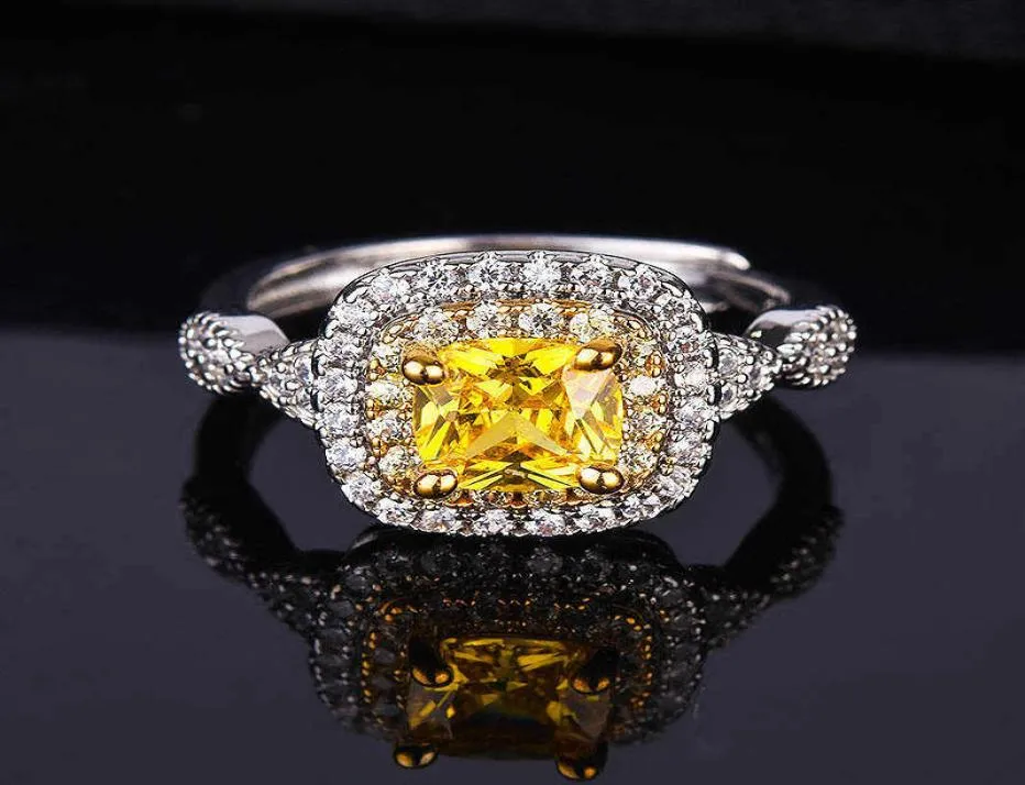 Anel de noivado de diamante amarelo simulado em formato de travesseiro, banhado com platina pt950, quadrado gordo, diamante amarelo, abertura feminina039s R9686453