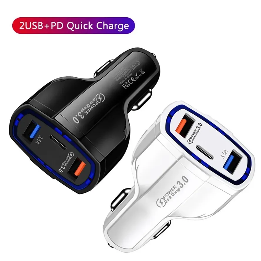 35W 7A 3 Ports Car Charger Type C och USB Charger QC 3.0 med Qualcomm Quick Charge 3.0 Teknik för mobiltelefon GPS Power Bank -surfplatta P