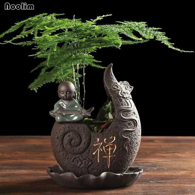 Vasen NOOLIM Kleine Mönch Schwarz Lila Ton Buddha Blumenvase mit Tablett Kreative Persönlichkeit Chinesischen Stil Sukkulenten Topf YQ240117