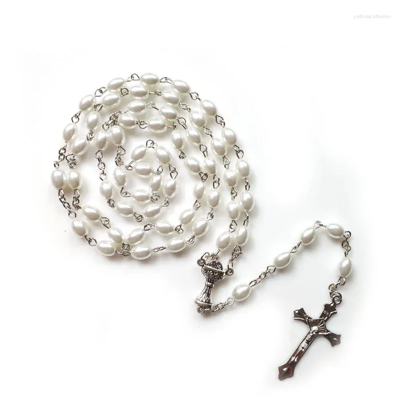 Collane con ciondolo QIGO Bianco Imitazione Perla Rosario Croce Collana Per Uomo Donna Vintage Santo Graal Gioielli da sposa religiosi