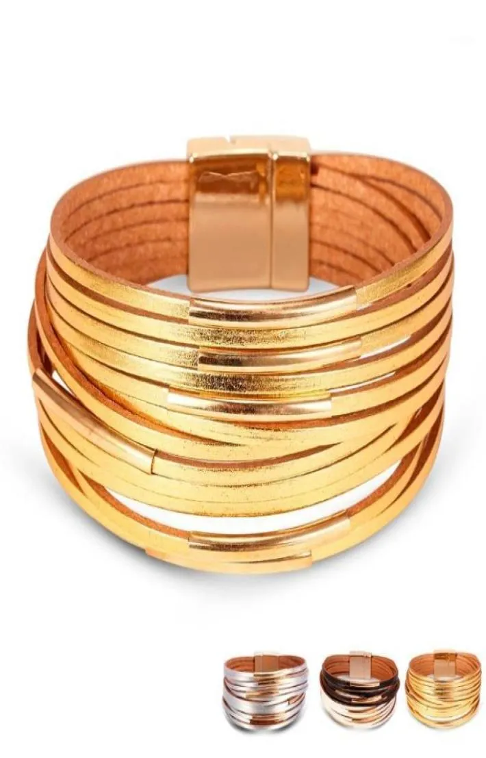 Pulseiras boêmias de couro para mulheres, bracelete dourado e prateado com múltiplas camadas, pulseira de charme para festa, joias da moda 11208641