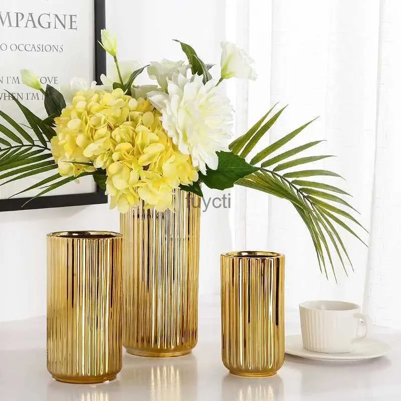 Vasos Americano Listrado Vaso Dourado Arranjo de Flores Planta Decoração Galvanoplastia Hidropônica Vaso de Flores Casamento Decoração de Casa YQ240117