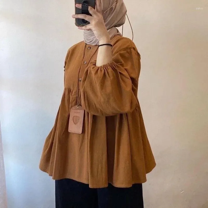 Vêtements ethniques Femmes Eid Musulman Tops O Cou Taille Serrée Blouses Dubai Malaisiens Plis Solide Casual Slim Fit Bouton Légère Strech Pull