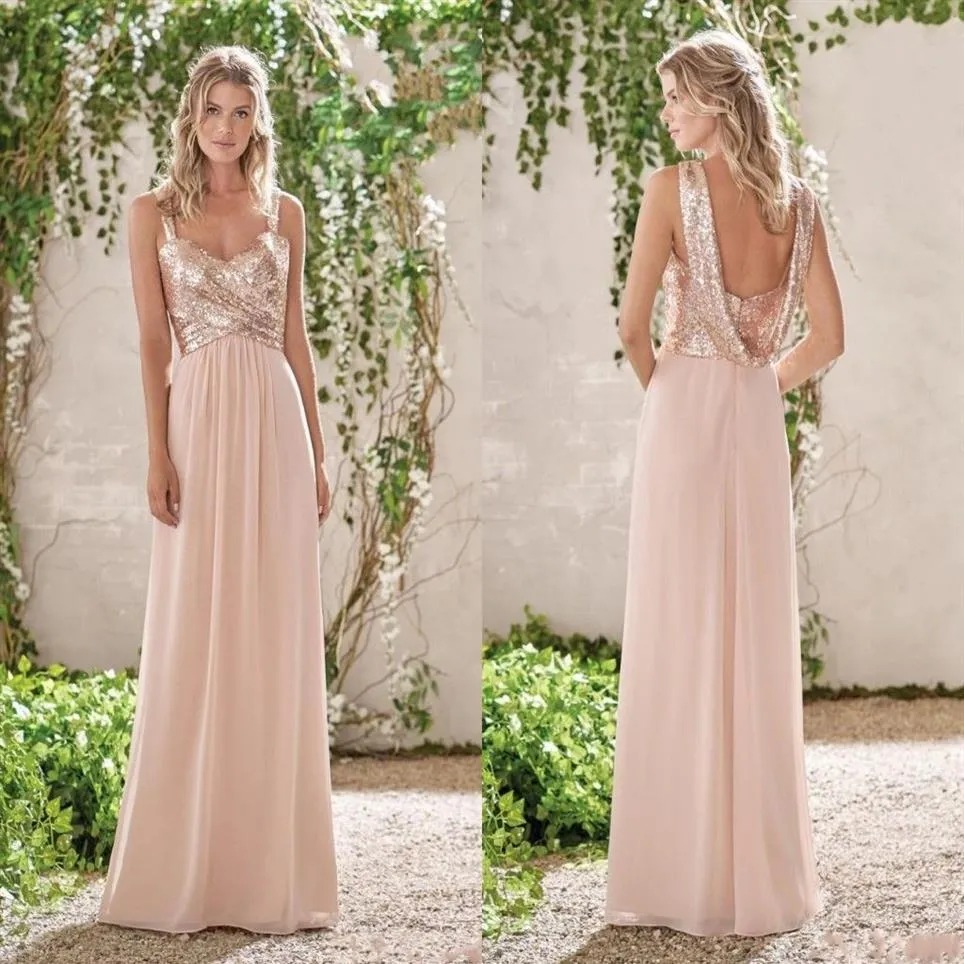 Rose Gold Summer Sequined Bridesmaid Dresses Spaghetti Stems Sequin Long Chiffon Ruffles Blush Pink Maid of Honor Wedding Guest 319a