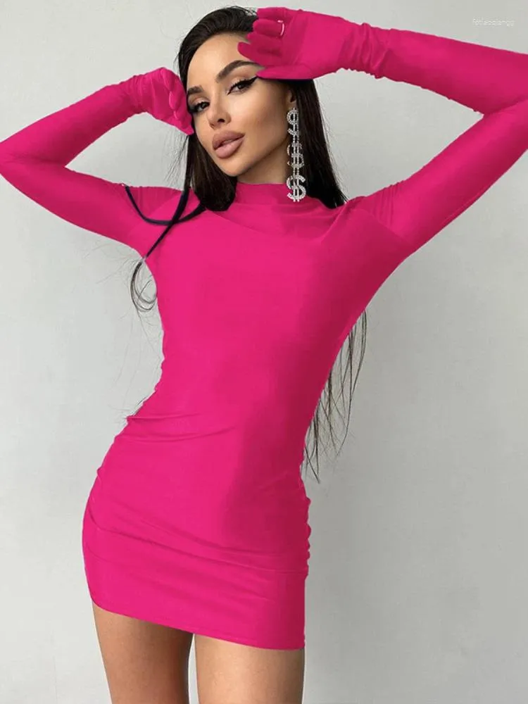 Casual Dresses With Glove Long Sleeved Solid Color Slim Bodycon Dress Women Half High Collar Skinny Mini Evening Club Party Vestidos