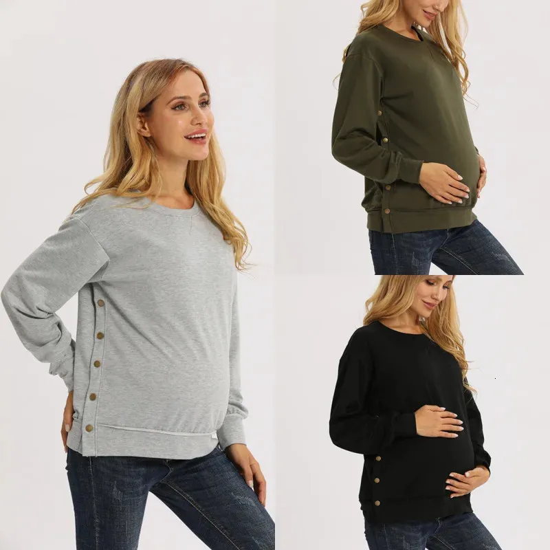 Zwangere moederkleding Europese en Amerikaanse polyester lange mouwen moederschap losse effen truien herfst winterkleding dames 240117