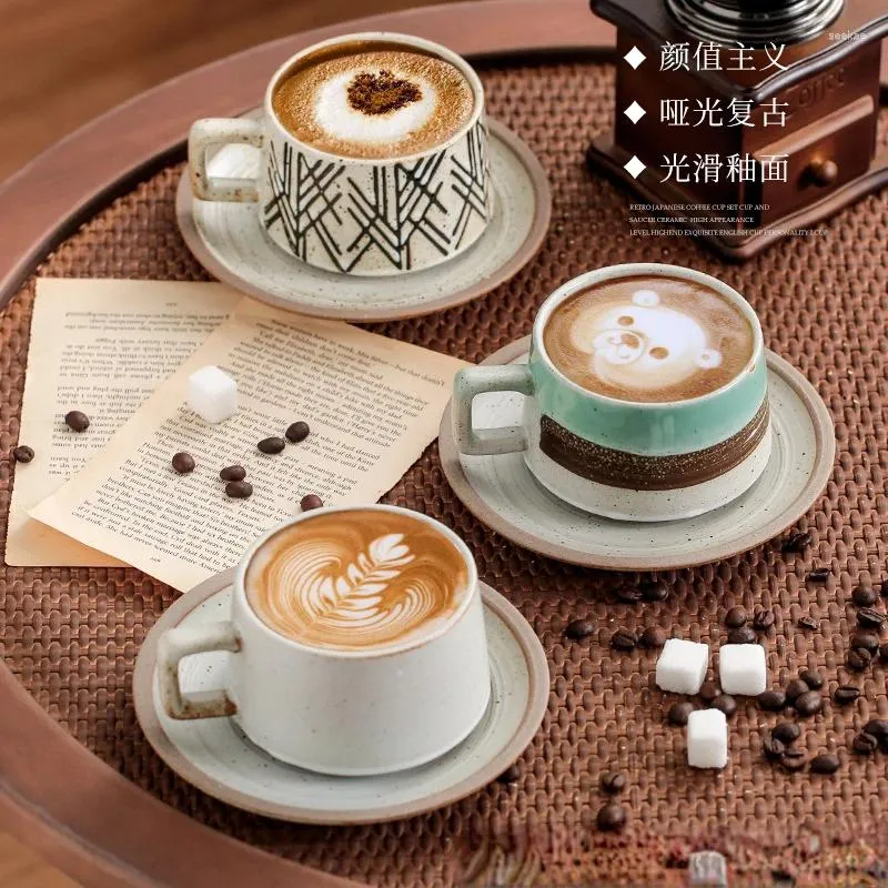 Canecas Japonês Retro Simples Cerâmica Xícara de Café e Pires Conjunto Criativo Água Matte Esmalte Leite Chá da Tarde