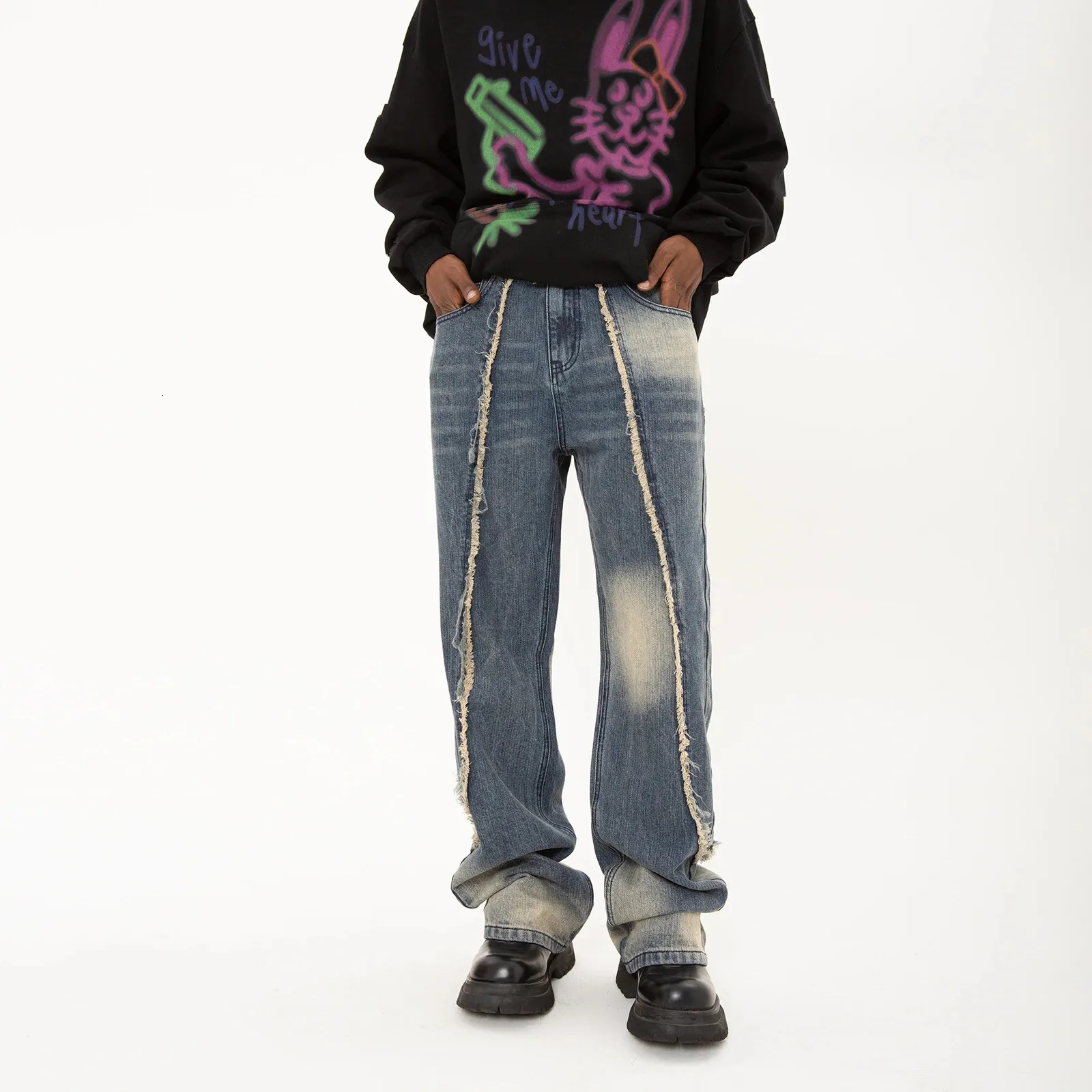 American Hip-Hop Rough Edge stopniowo wiązać barwne workowate noszone dżinsy luźne dżinsy proste spodnie dla mężczyzn i kobiet ubrania streetwearne 240117