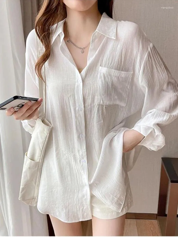 Женские поло, корейская мода, летняя солнцезащитная рубашка в сложенном виде, элегантная однотонная свободная повседневная однотонная рубашка с длинными рукавами, универсальная пригородная Y2k T
