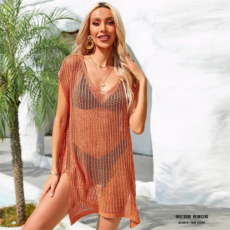 Damesbadmode zomer bikini cover-up effen kleur gehaakte holle korte mouw V-hals zijsplit zoom losse jurk