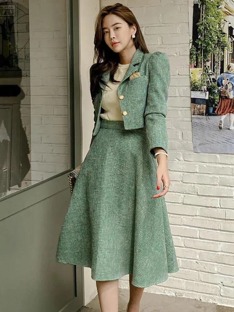 Women's Jackets Women Two Piece Set Korean Chic French Temperament V-neck Pearl Button Puff Sleeve Short Jacket High Waist Swing Skirt Suits