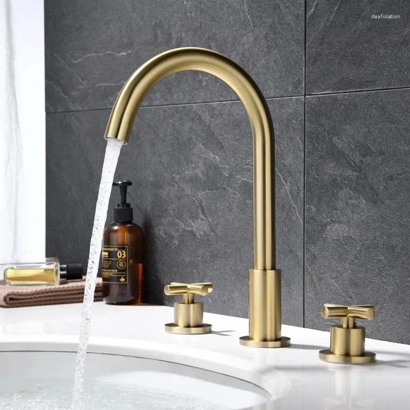 Badkamer Wastafel Kranen Luxe Geborsteld Goud Messing Kraan Gouden 3 Gaten 2 Handgrepen Koud Water Wastafelkraan Hoge Kwaliteit koperen Bad