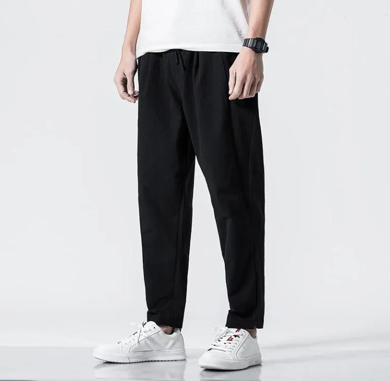 Pantalon sarouel décontracté en coton et lin pour hommes, droit, ample, taille élastique, Streetwear, Hip Hop, Style chinois, vêtements 8174487