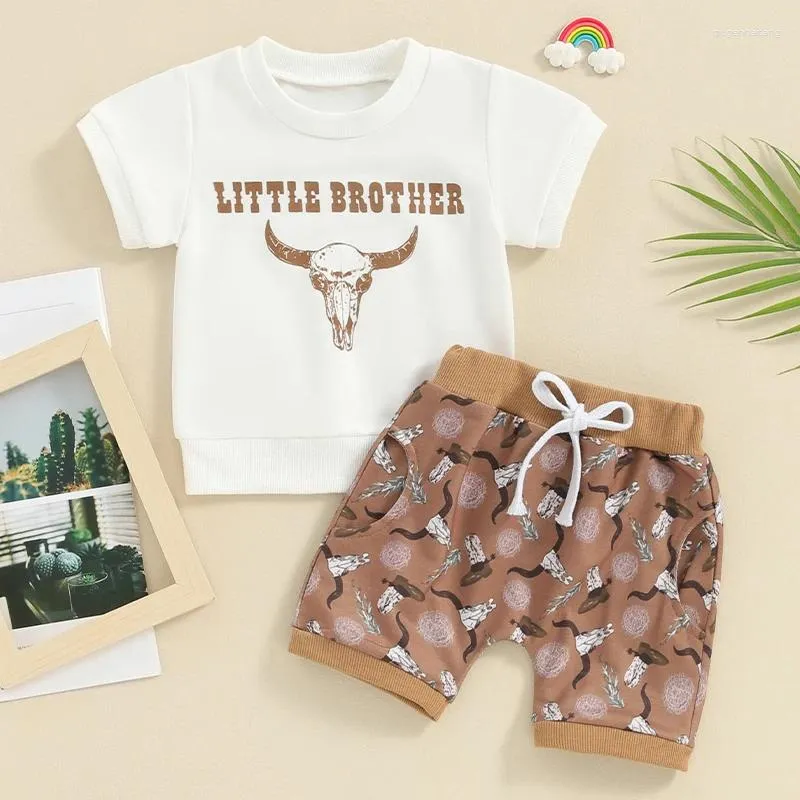 Kläduppsättningar småbarn Baby Western Summer Outfits Cow Horse Cactus Print Kort ärm T-shirt Toppar och Drastring Shorts 2pcs Set