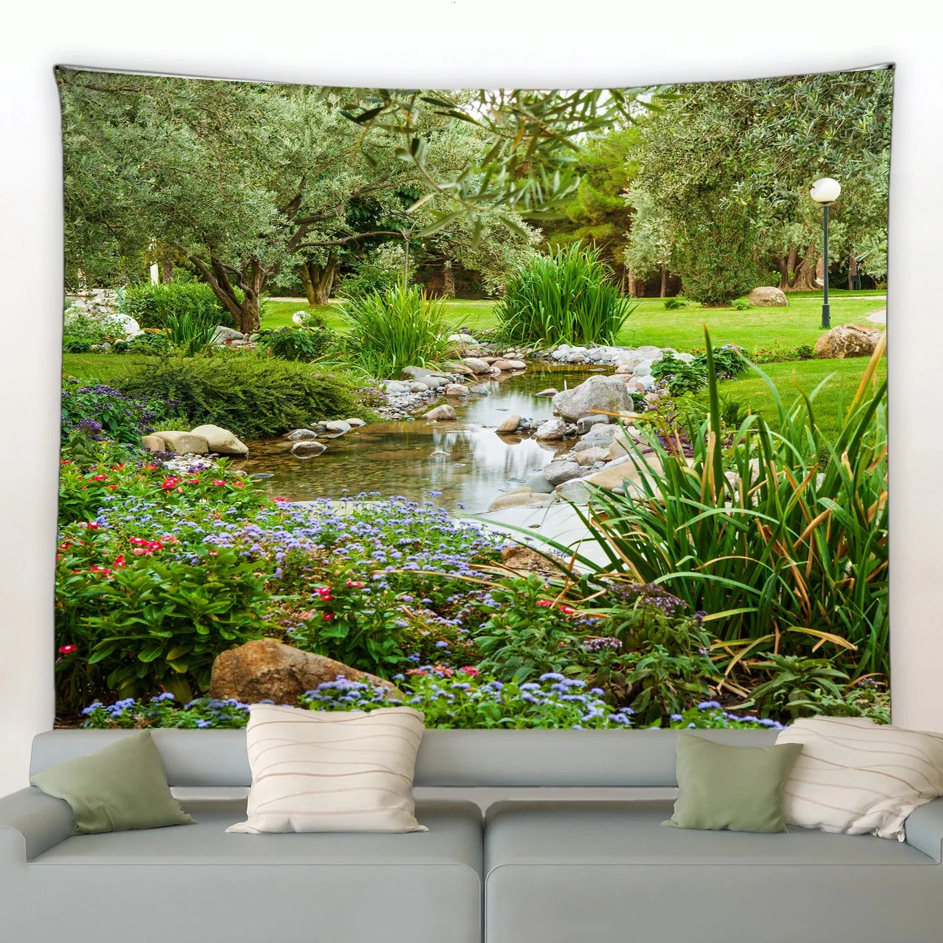 Spring Park Jardin Paysage Tapisserie Plantes Vertes Arbres Rouge Violet Fleurs Paysage Naturel Tapisseries Salon Tenture Murale 240117