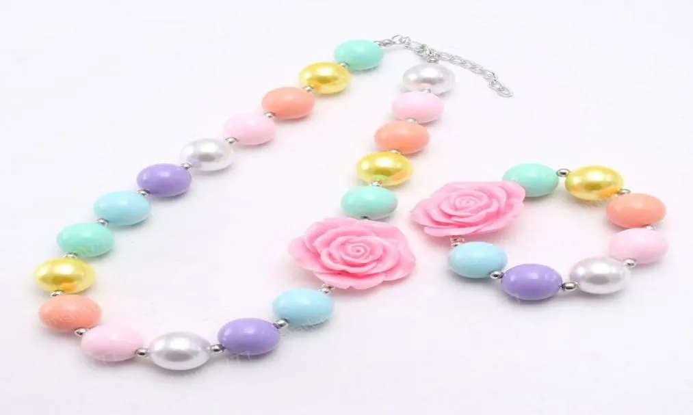 Nya färgglada flickor Chunky Flower Necklace Diy Beads Armband For Kids Party Gift Handgjorda bubblegum smycken3727640