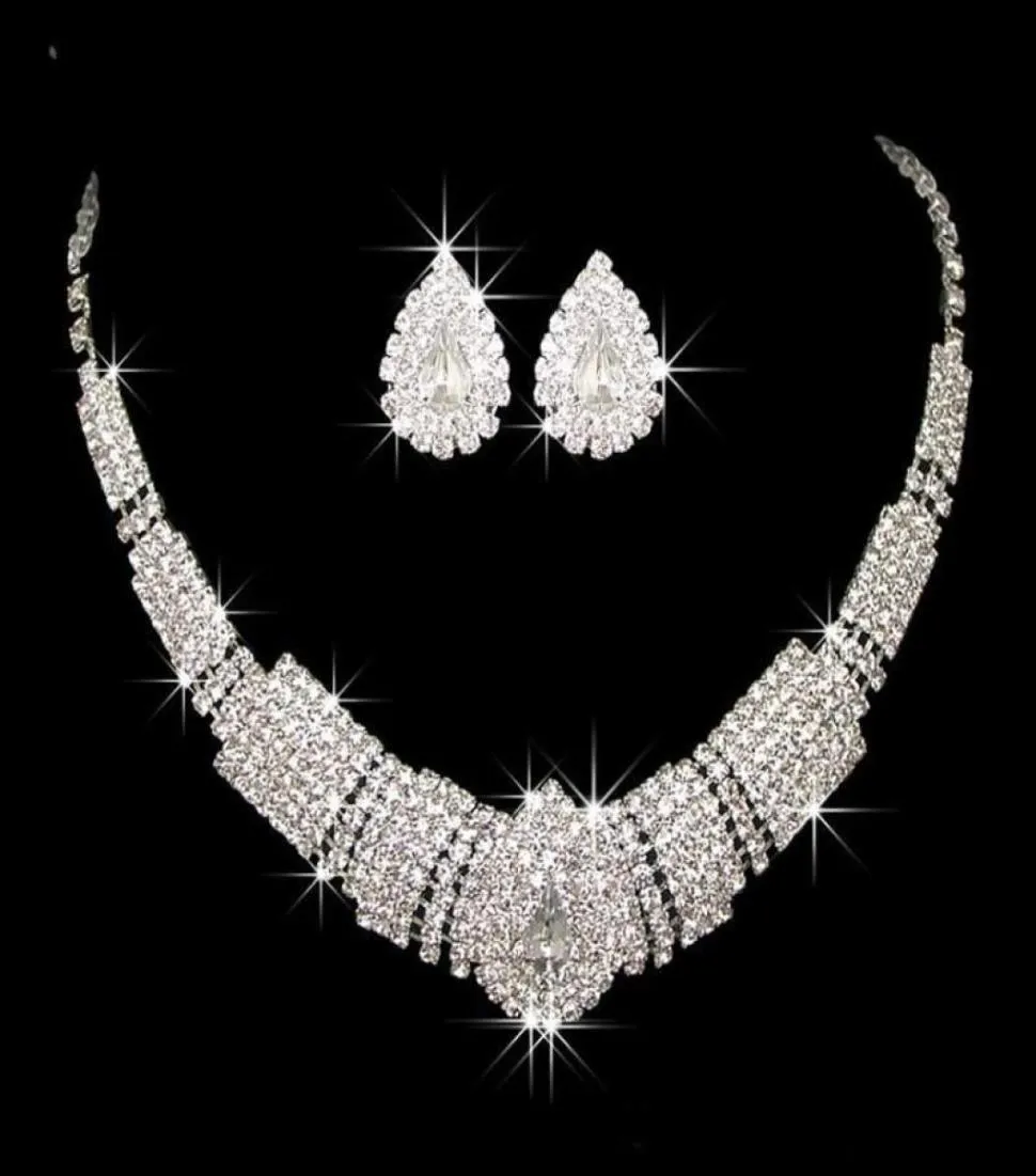 Stock Silve Two Sets Bling Wedding Accessories Bridal Hair Headdress Gift Diamond Necklace Jewelry Earrings Rhinestones Party Chri4789061