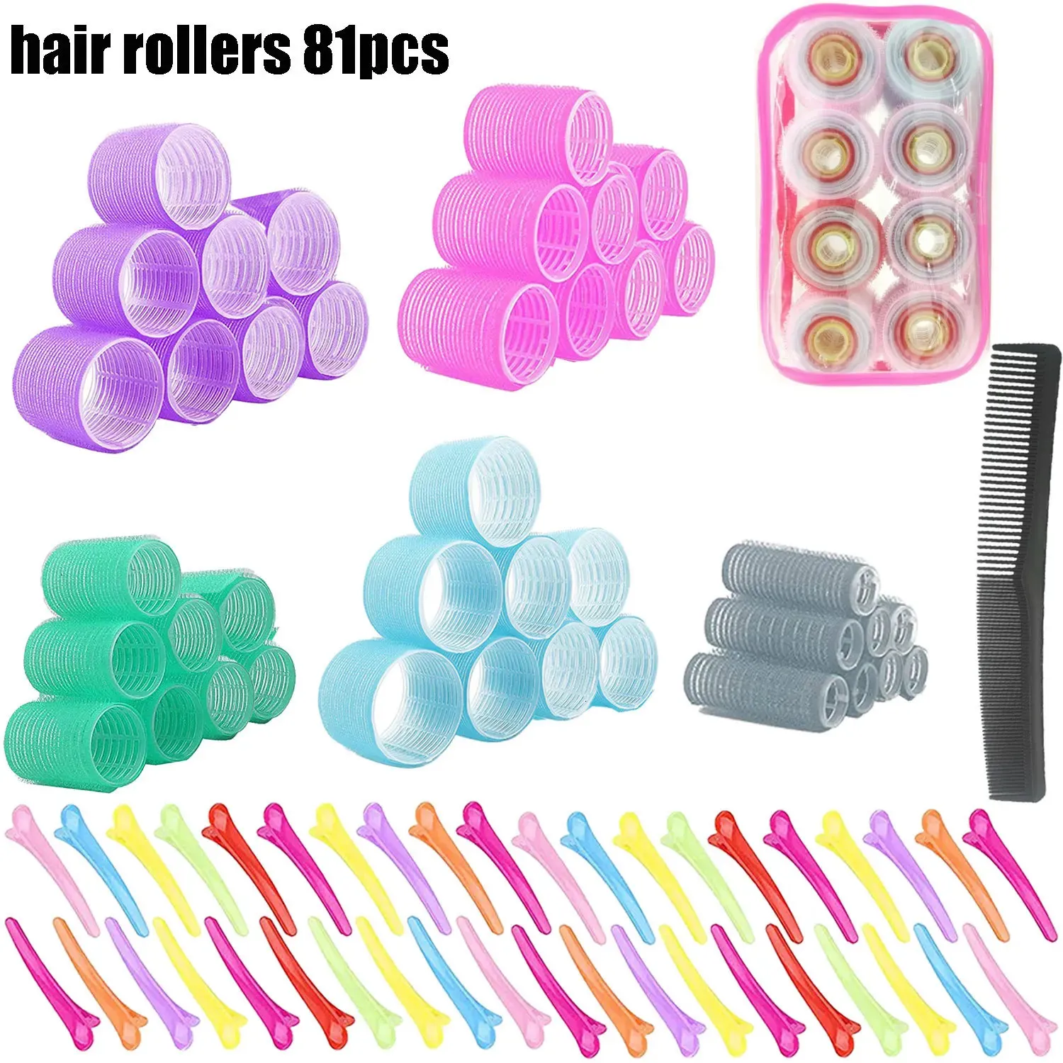 81Pcs Self Grip Hair Rollers Set Jumbo Size Hair Curlers Salon Hairdressing DIY Curling Hairstyling Tool with Comb Clips 240117