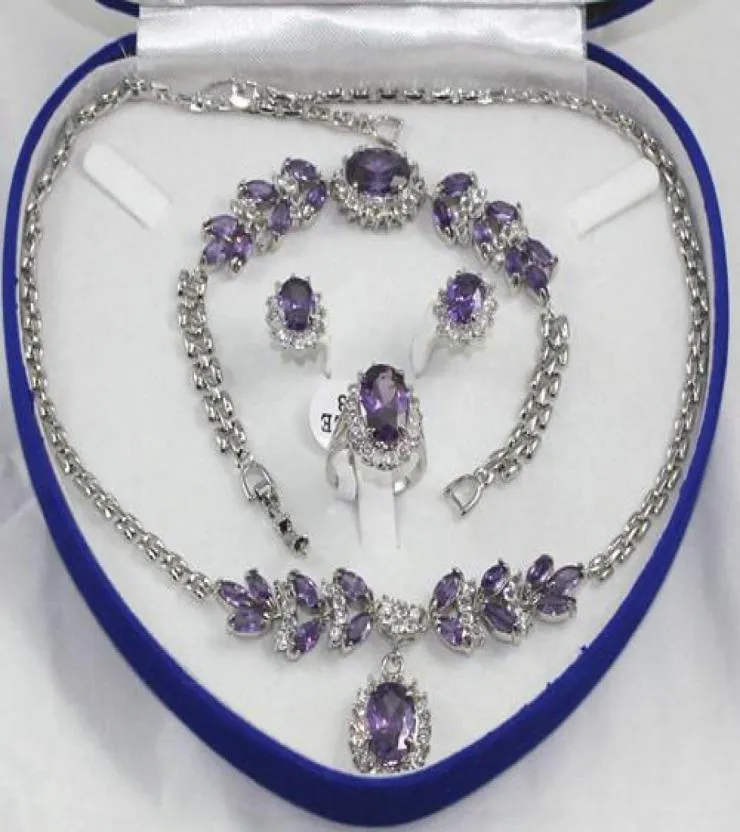 whole pretty Purple crystal Silver Necklace Bracelet Earrings Ring Gemstone Jewelry Sets2568213