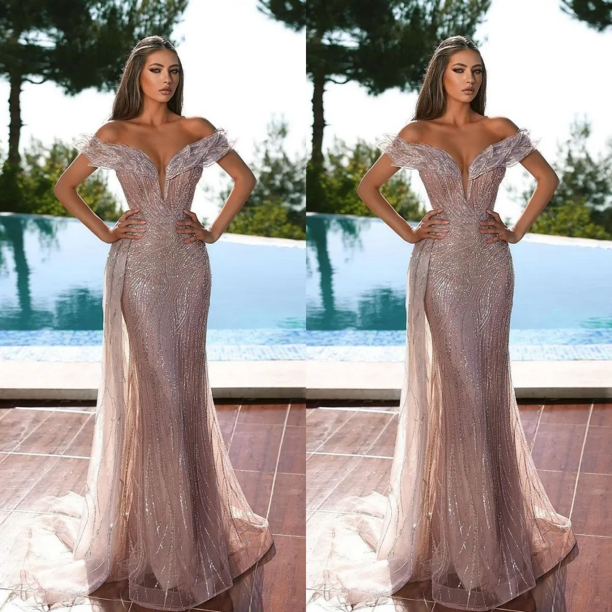 Sparkly Sequins Mermaid Evening Dresses Off Shoulder Prom Gowns Detachable Train Deep V Neck Sleeveless Party Dresses Custom Made