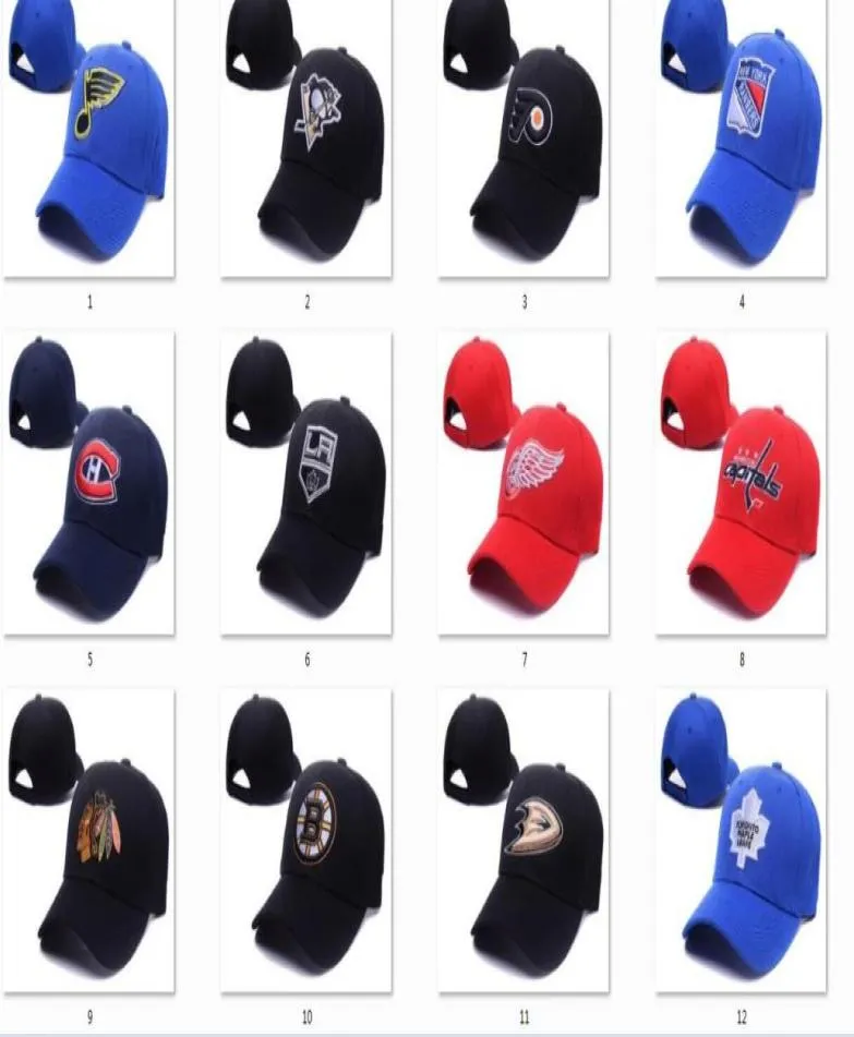 Nuevo 2016 Gorras de hockey Equipo Sombrero ajustable Rojo Azul Negro Color 12 equipos Todas las gorras Sombrero de calidad superior Todos los sombreros 8596738