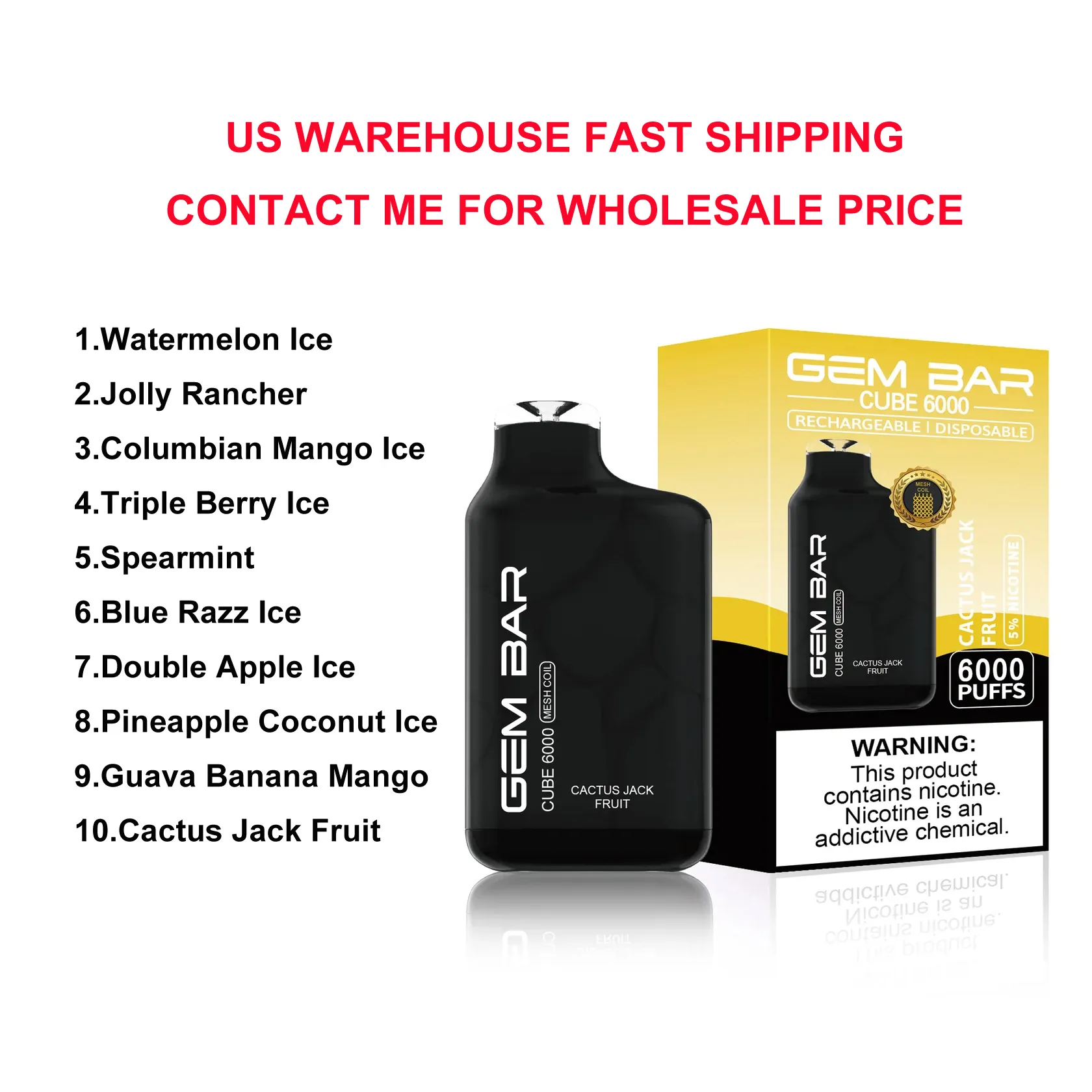 US Warehouse originele GEM BAR kubus 6000 trekjes wegwerp vape-pods e-sigaretten 10 smaken Mesh spoel 15 ml e-vloeistof 650 mAh oplaadbare batterij goede prijspromotie