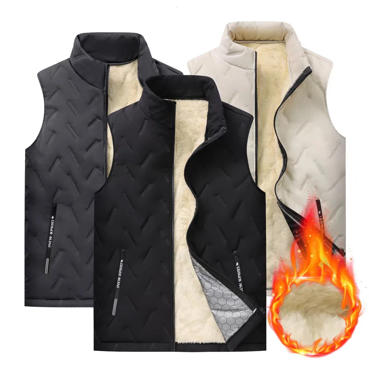 Épaissir agneaux laine hommes hiver gilet décontracté coupe-vent col montant sans manches manteau homme 2023 grand solide matelassé mode gilet 240116