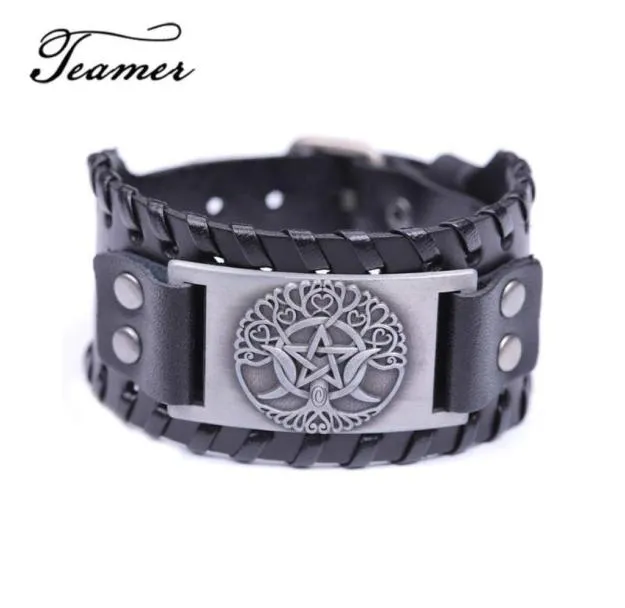 Charm Armband Teamer Brand Easy Buckle Wide Leather Tree of Life Triple Moon Goddess Armband Pentagram Wiccan Amulet Mteen Bang7478395