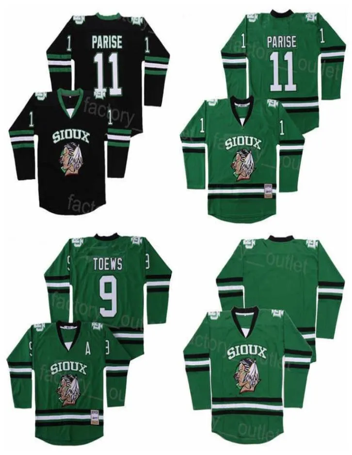 MENY MOVIE ICE HOCKEY COLLEGE 11 ZACH PARISE JERSEY NORTH DAKOTA FAILLE SIOUX 9 JONATHAN TOEWS Team Green Black Color Vintage All5938354