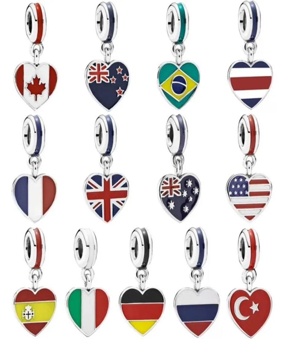 Memnon Jewelry 925 Sterling Silver Hearts Charms Flag Flag Flag Wisiant Pendant Phentes Fit Bracelets Naszyjniki DIY dla kobiet9294730