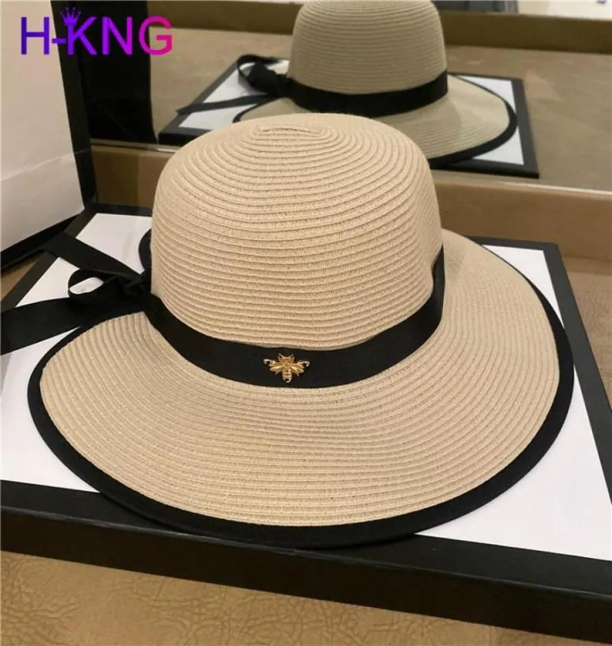 Słoneczne kapelusze małe pszczoły słomkowe kapelusz europejski i amerykańskie retro złoto spleciony kobieta luźna krem ​​przeciwsłoneczna płaska czapka Hats8063882