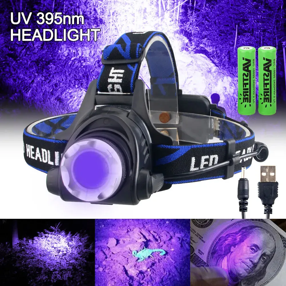 2000LM GreenRedUV 395nm faro impermeable con zoom ultravioleta faro USB recargable lámpara de cabeza 3 modos antorcha de caza 240117