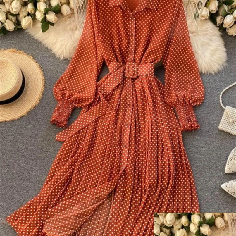 Grundläggande casual klänningar vår och sommar franska vintage maxi klänning sundress damer lång ärmhet orange polka dot chiffon veckad klänning dhk9x