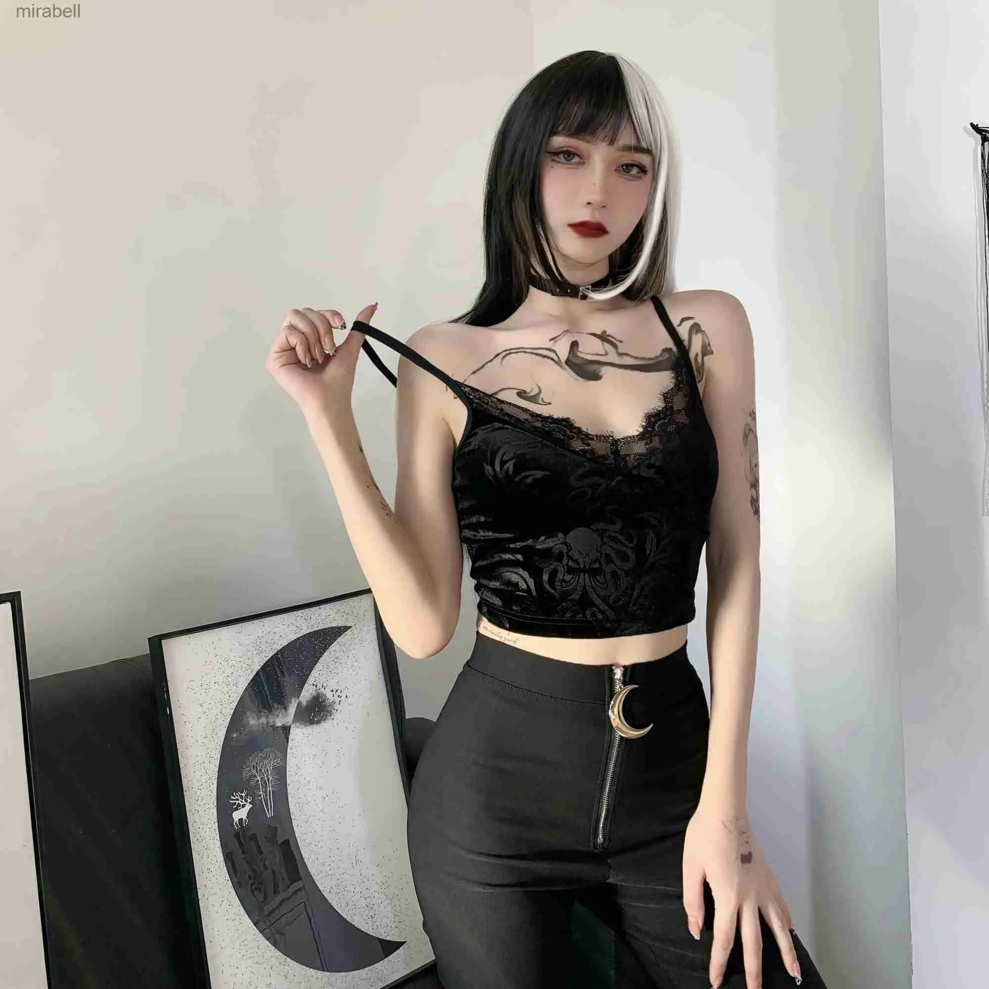 Women's Blouses Shirts 2023 Gothic Women Crop Top Skeleton Printed Black Corset Tops Sexy Aesthetic Grunge Fairy Core 90s Camisole Y2K Clothes 212005A YQ240117