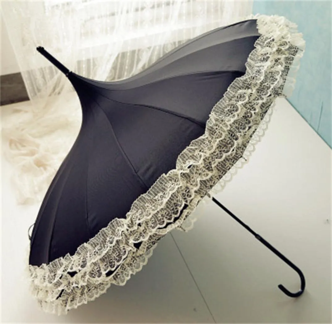 Paraply Rain Women Fashion 16 Ribs spetspagod Parasol Princess Longhandle Paraply Windproof Sunny and Rainy7911645