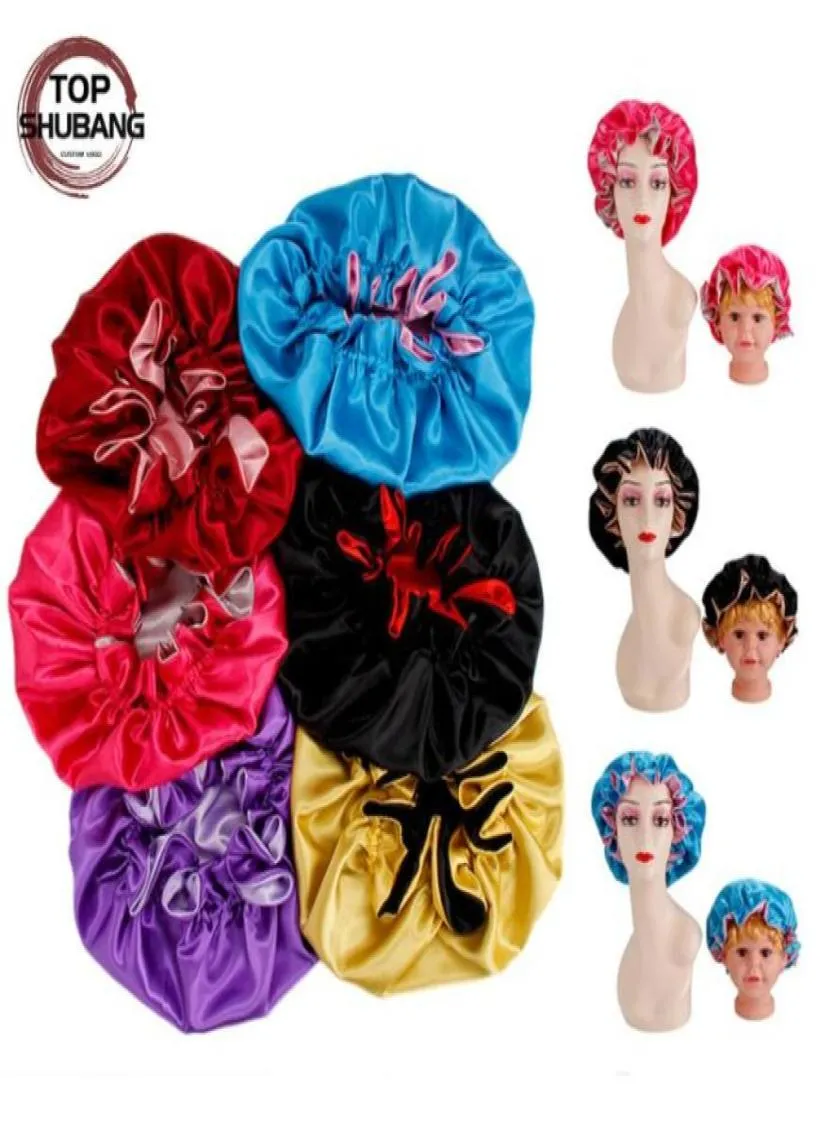 Mommy and Me Kid Satin Caps Double Layer Women Night Sleeping Cap Children Head Cover Hårtillbehör Vändbar silkeshopp7377319