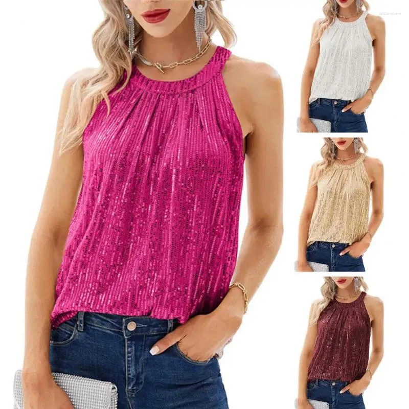 Women's Blouses Women Top Halter Neck Shiny Sequin Off Shoulder Sleeveless Solid Color Loose Soft Breathable Pullover Lady Club Party Tank B