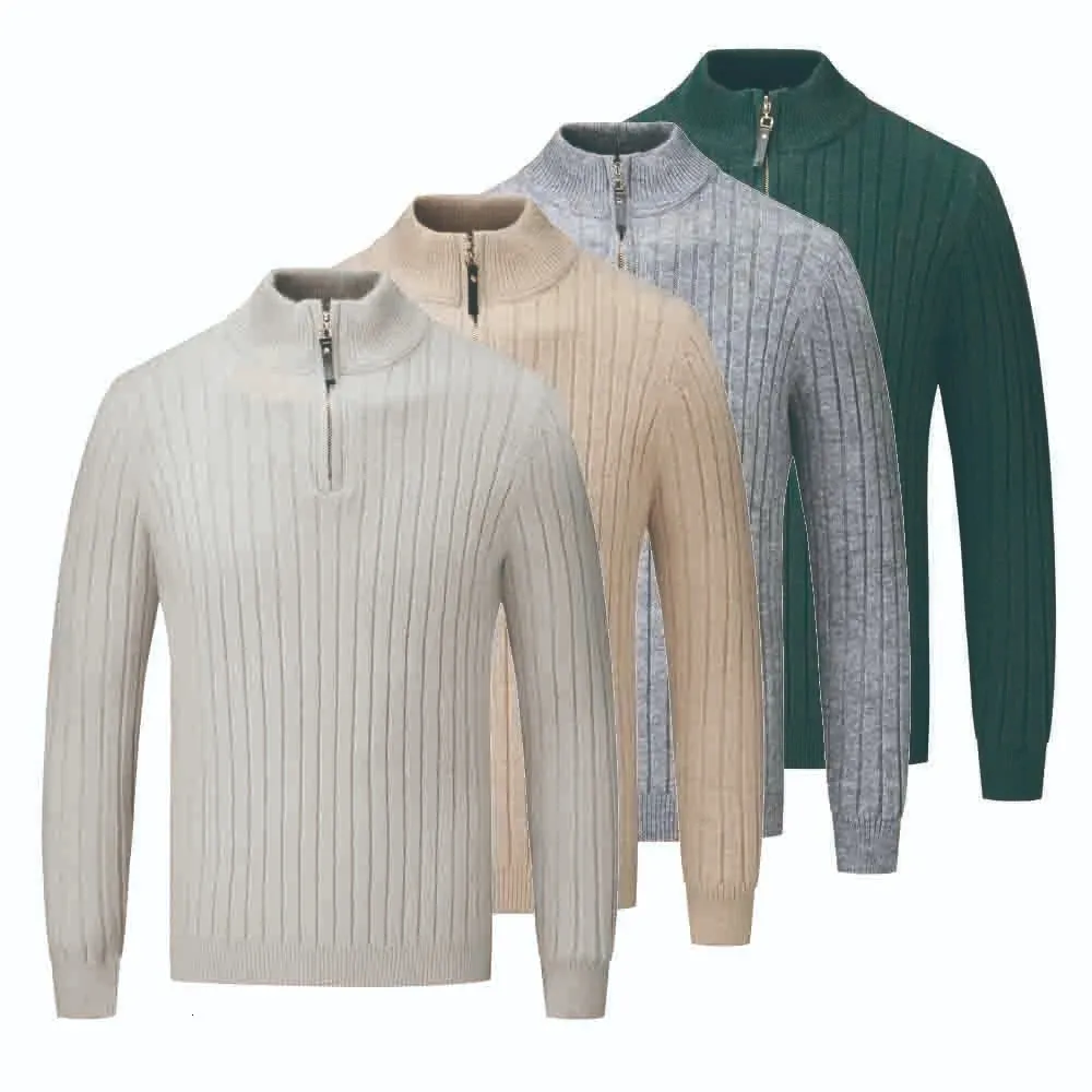 Mens Casual Slim Fit Pullovers Sweaters Långärmning Knickat tyg Zip Up Mock Neck Polo -tröja för mankläder Jumpers Green 240117