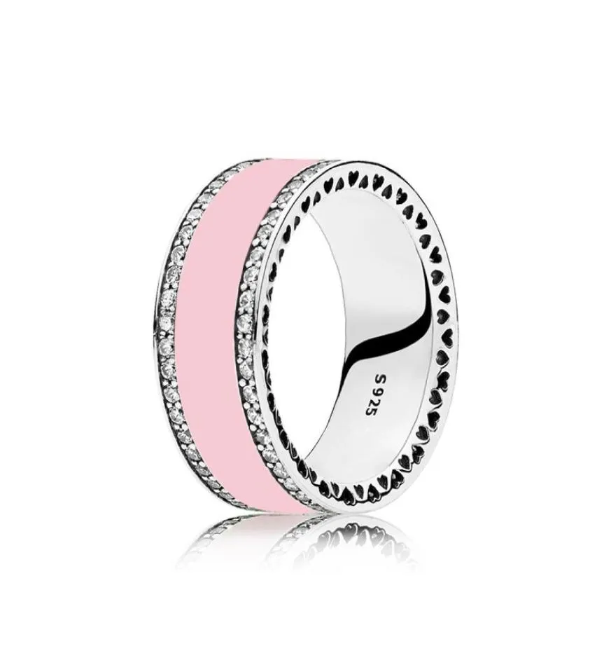 925 Sterling Zilver Stralende Harten Lucht Roze Wit Emaille RING Synthetische Spinel Fit Zilveren Sieraden Vrouwen Trouwring Originele Box4375829