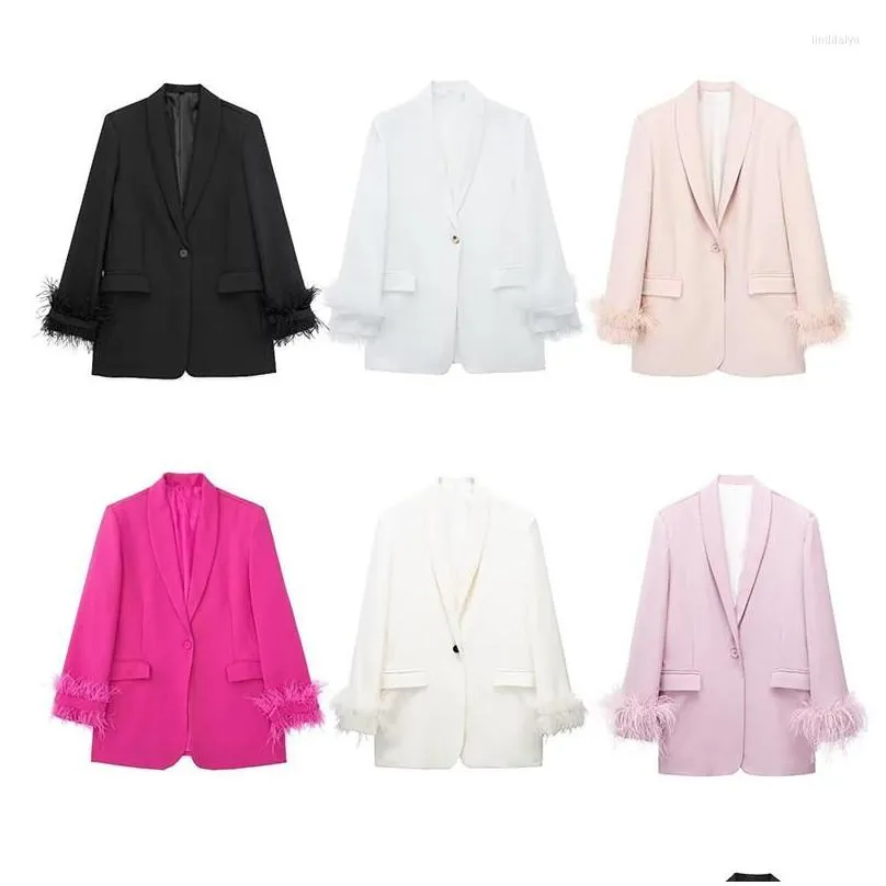 Trajes para mujer Blazers Trajes para mujer Blazer de manga de plumas Mujeres Un botón Chaqueta de gran tamaño Blazers de oficina largos para streetwear Traje D DHVXH