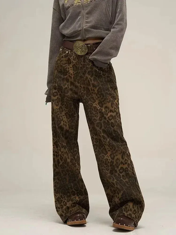 HOUZHOU Tan léopard jean femmes Denim pantalon femme surdimensionné jambe large pantalon Streetwear Hip Hop Vintage vêtements ample décontracté 240116