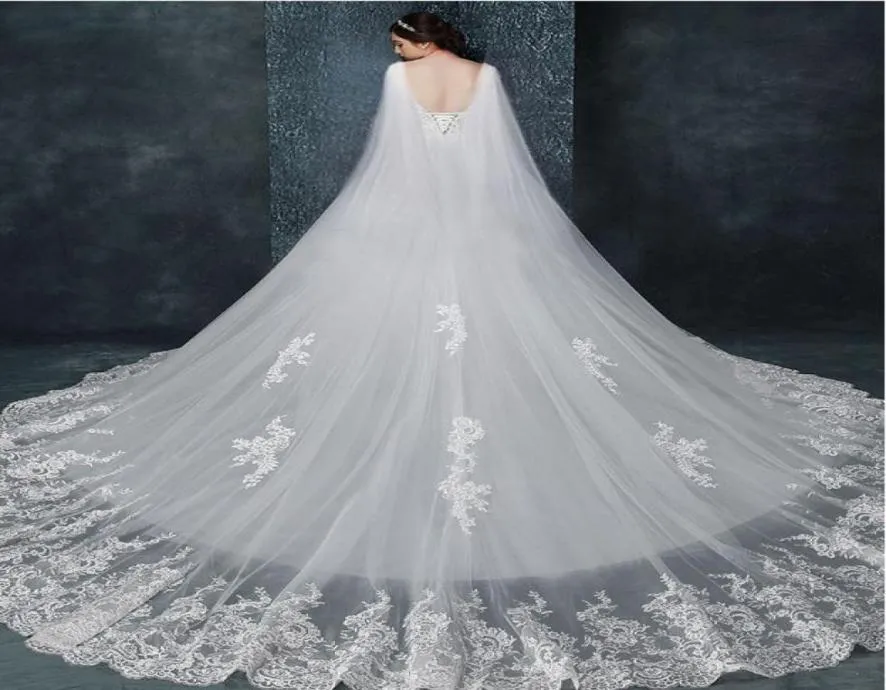 New Designer Bridal Wedding Shawl Cloaks Bolero Cape Lace Jacket Wraps White Ivory Shrug Cathedral Train 3M Long Veil4222134