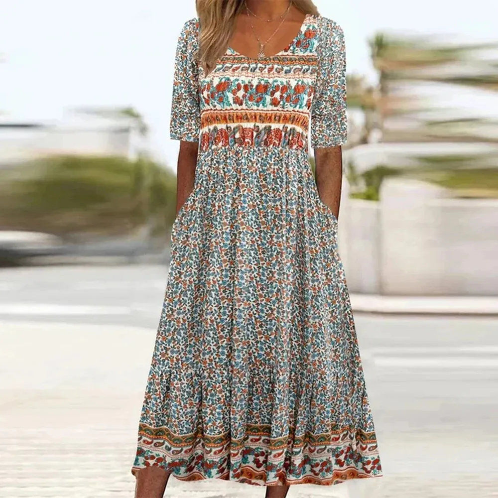 Plus Size Bohemian Dress for Women Clothing 2023 Summer Sexy Oversized Loose Long Skirt Female Elegant Vestidos Rode 240116