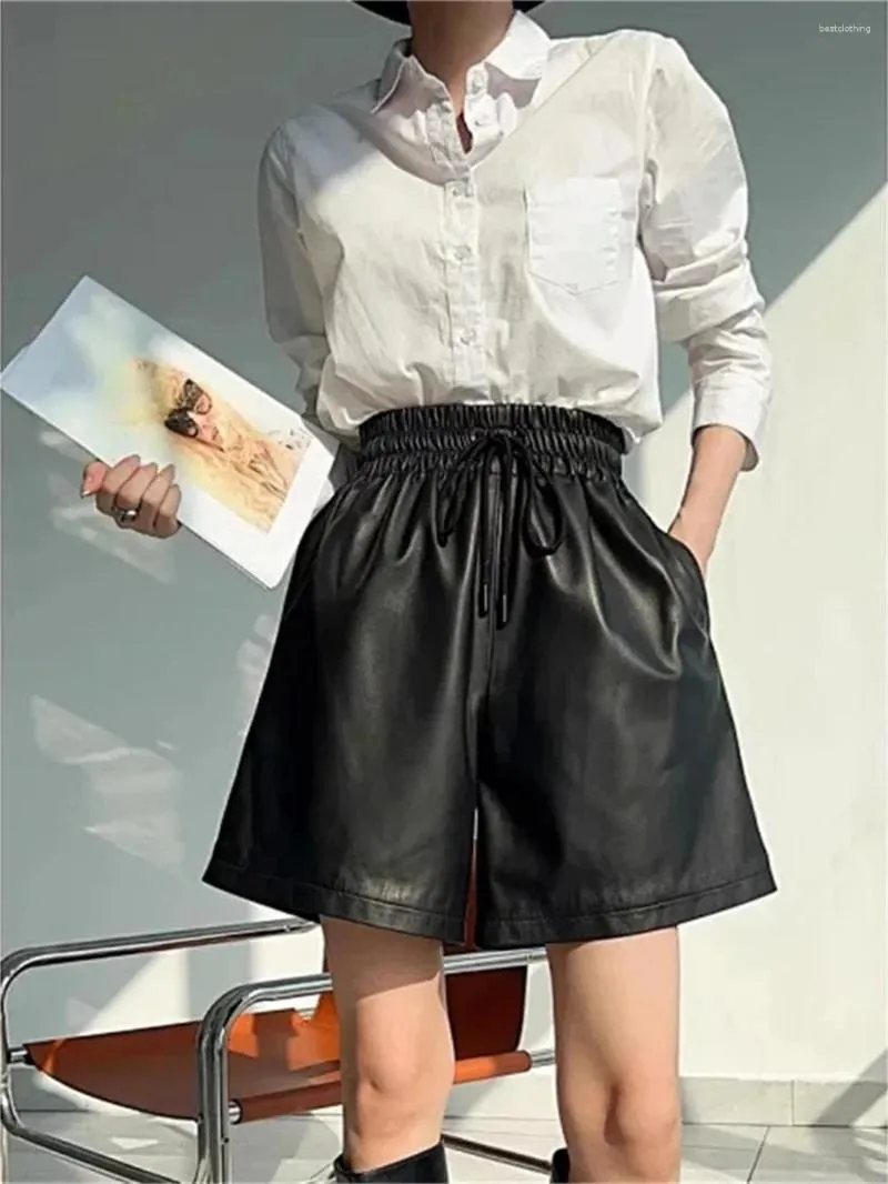 Shorts pour femmes Pantalons à jambes larges 2024 Été Faux Cuir Cordon Taille élastique Couleur unie Lâche Casual