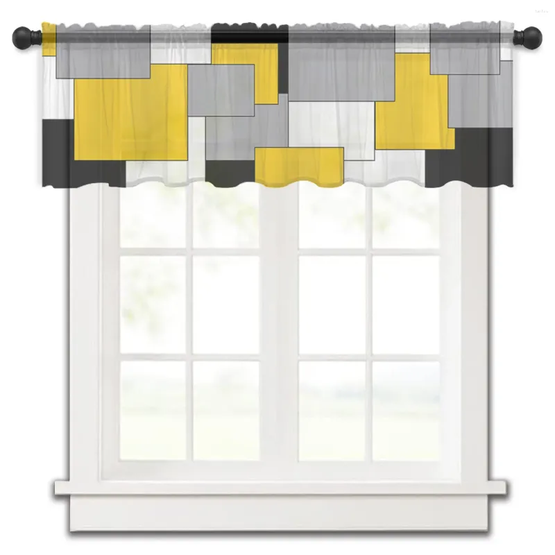 Vorhang Gelb Grau Schwarz Patchwork Abstrakte Kunst Mittelalterlicher Stil Kurze Tüll-Fenstervorhänge Transparente Voile-Küchendekor-Vorhänge