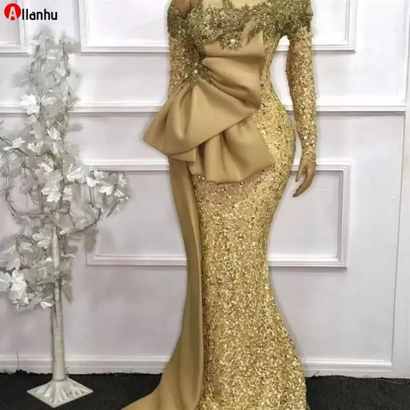 2022 Elegant afrikanska långa ärmar Lace Mermaid aftonklänningar Guld Se genom full ärmar pärlor promklänningar Robe de Soiree WJY53079