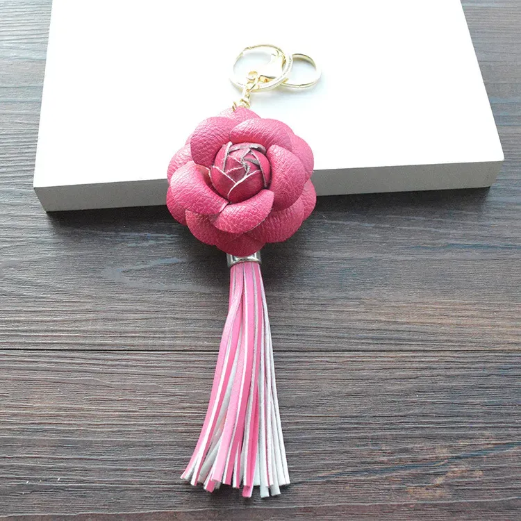 Good A++ PU tassel key chain camellia bag pendant car key ring phone shell decoration KR307 Keychains a 